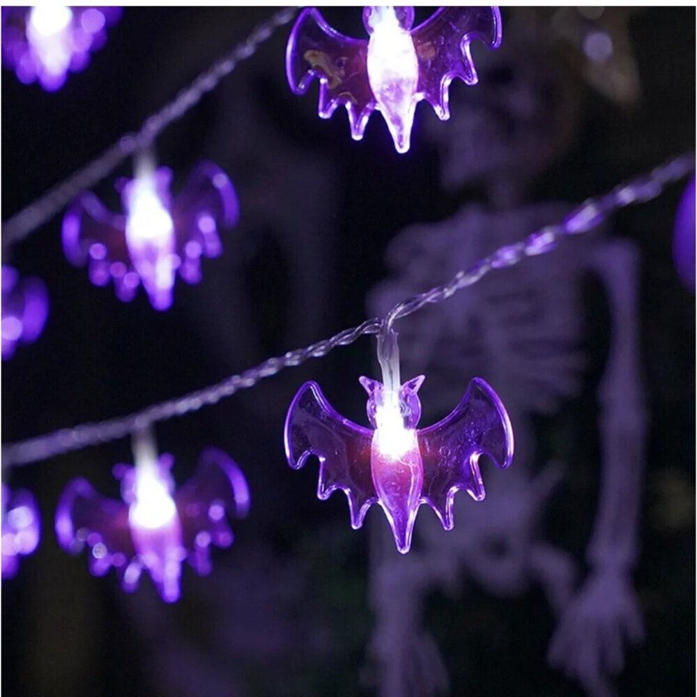 Halloween 10 Led Purple Bat String Lights Black Wire 6 Feet Battery Operated New - Picture 10 of 16